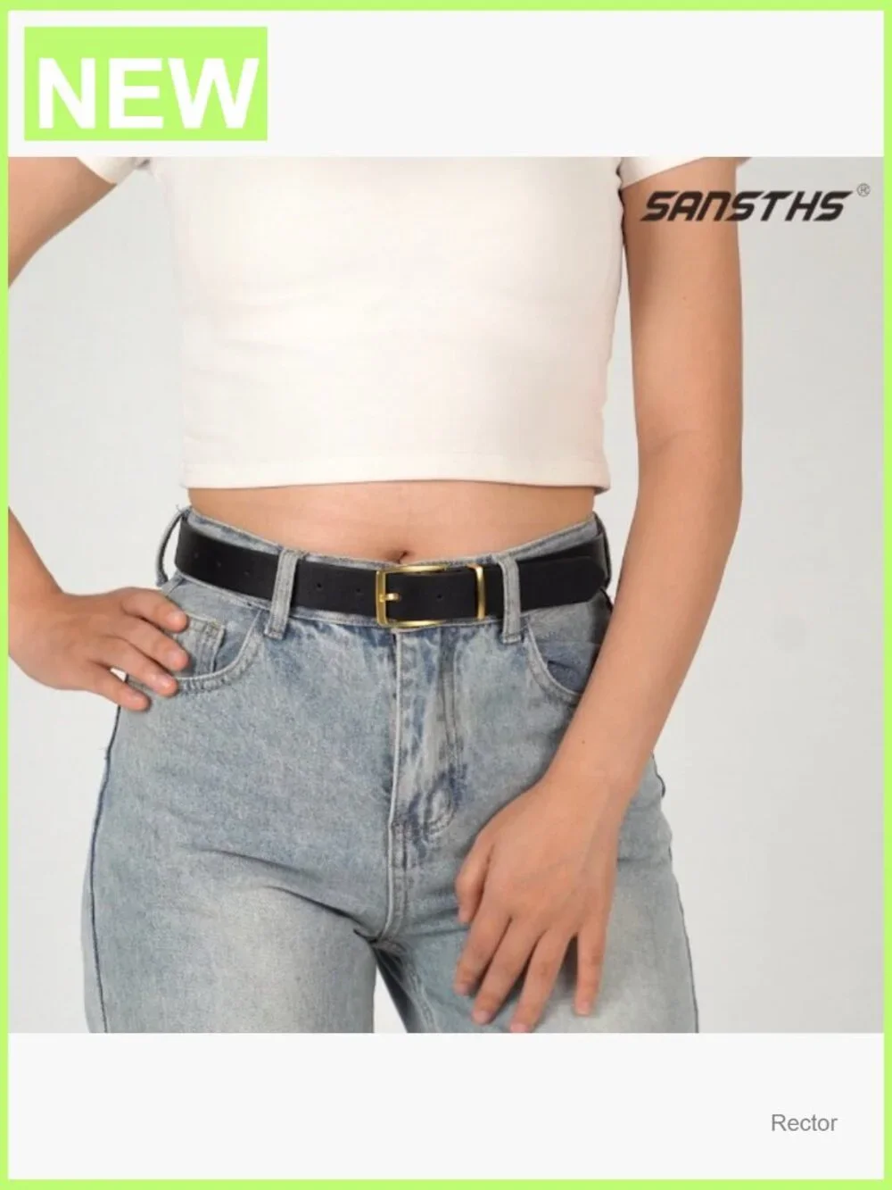 Women's Faux Leather Belt with Gold Square Buckle, Adjustable 1.1